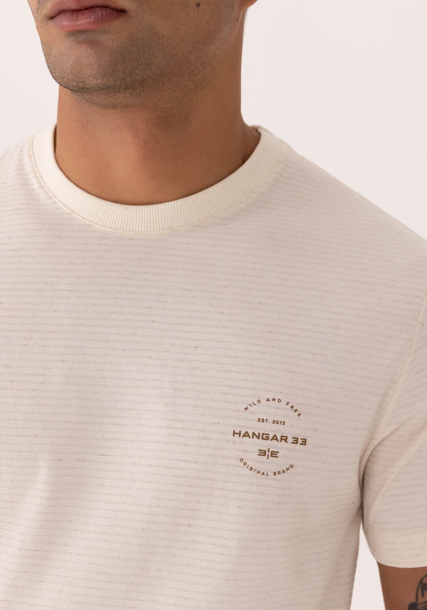 Camiseta De Mangas Curtas Em Malha Listrada Com Linho, BRANCO OFF WHITE, large.