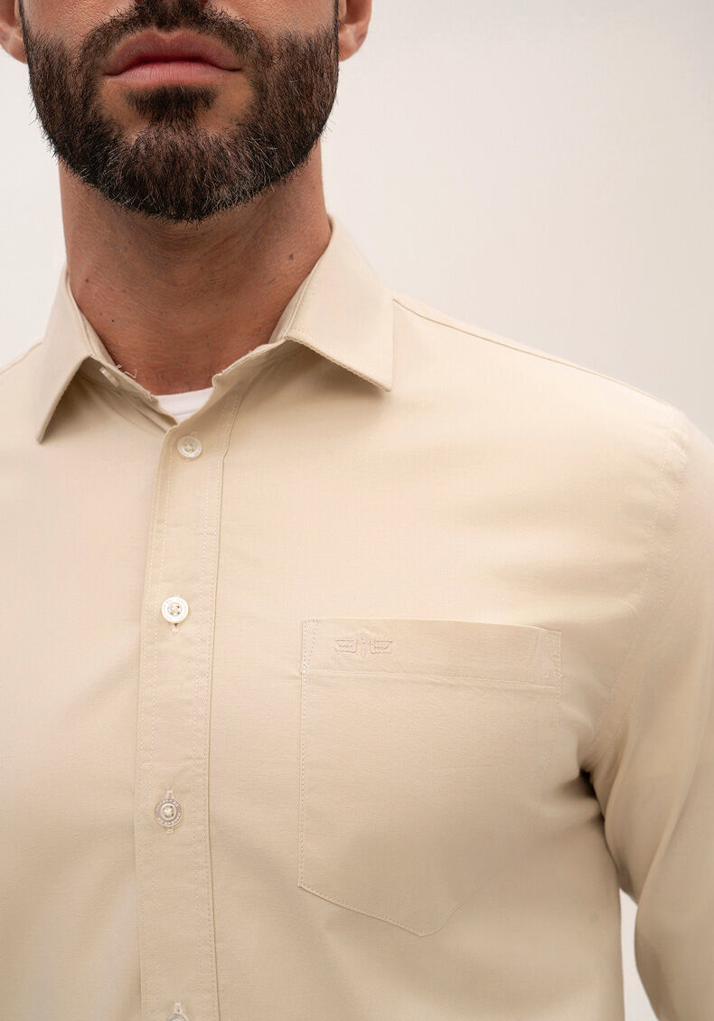 Camisa Comfort De Mangas Longas Masculina Com Elastano, BEGE GINGER, large.