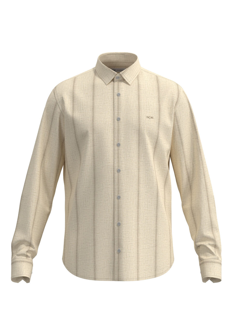 Camisa De Mangas Longas Em Tecido Com Linho, VERTICAL OCRE. Camisa De Mangas Longas Em Tecido Com Linho, VERTICAL OCRE, large.