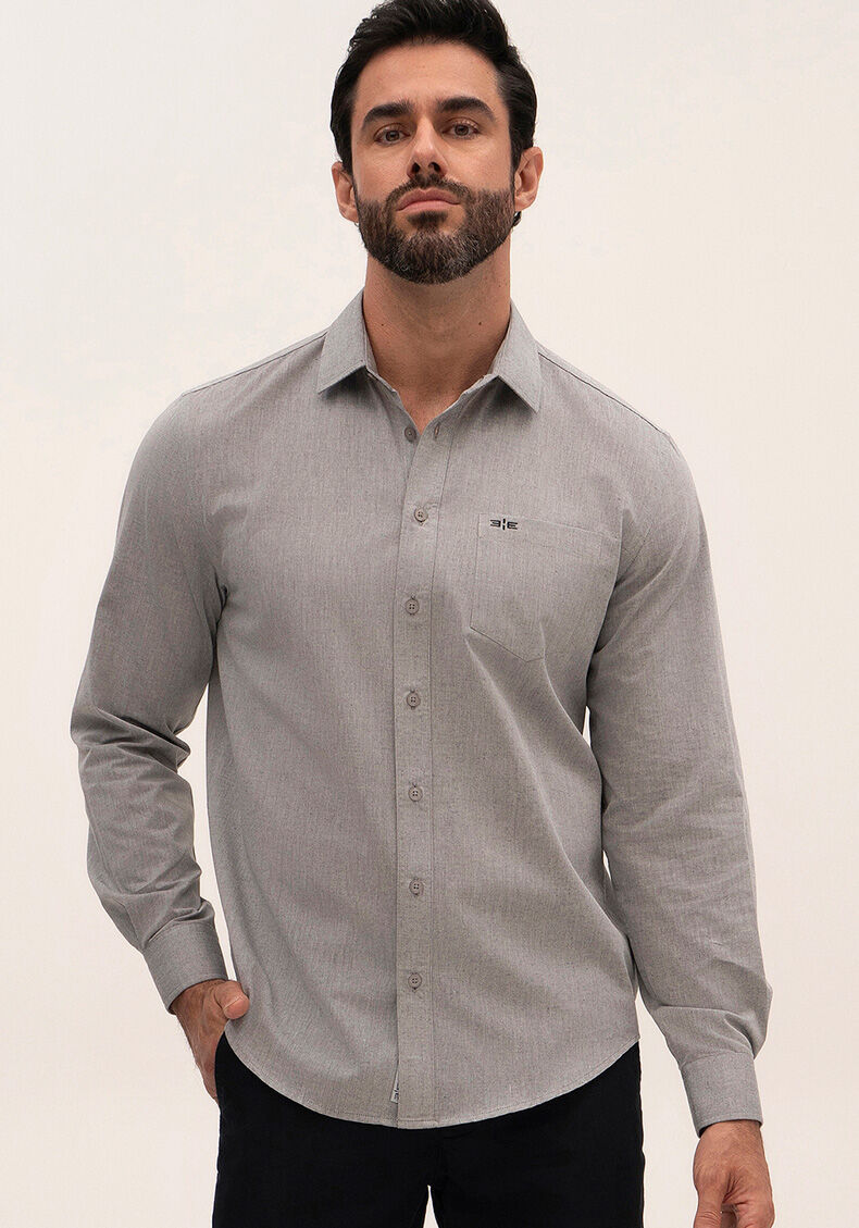 Camisa Masculina Comfort Cinza com Bolso, CINZA, large.