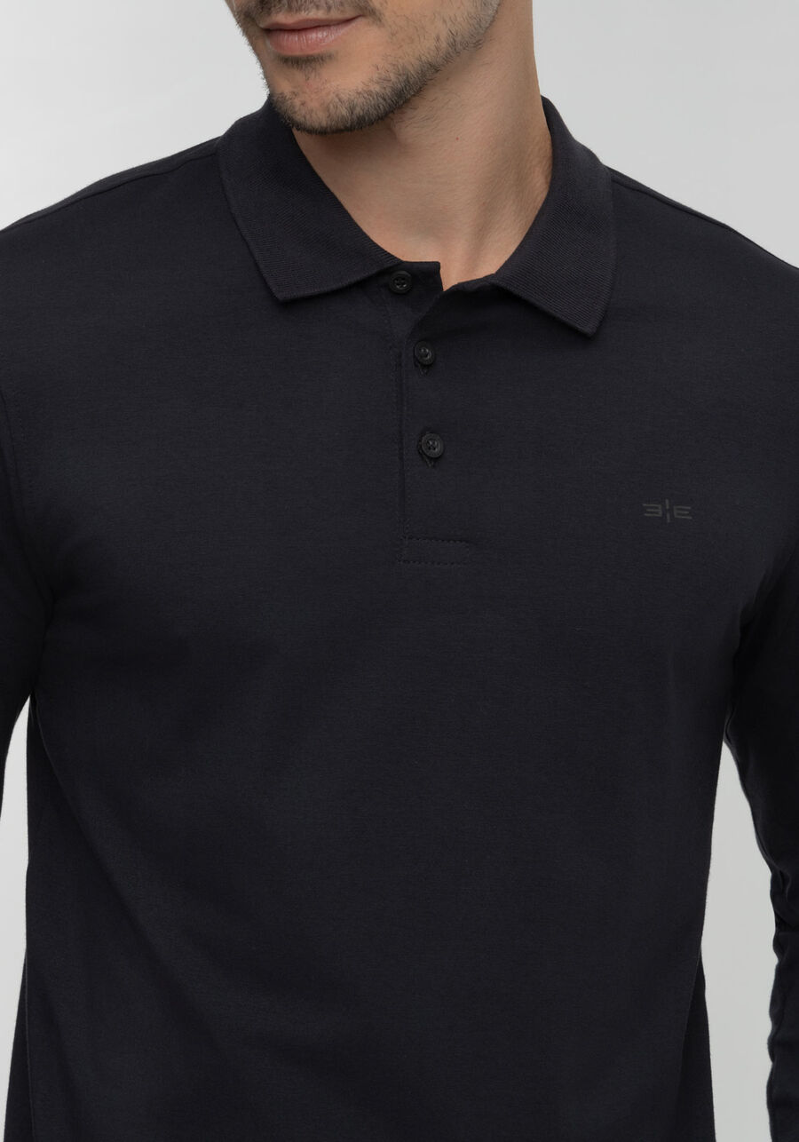 Camisa Polo Com Botões E Mangas Longas Em Malha De Algodão, PRETO. Camisa Polo Com Botões E Mangas Longas Em Malha De Algodão, PRETO, large.