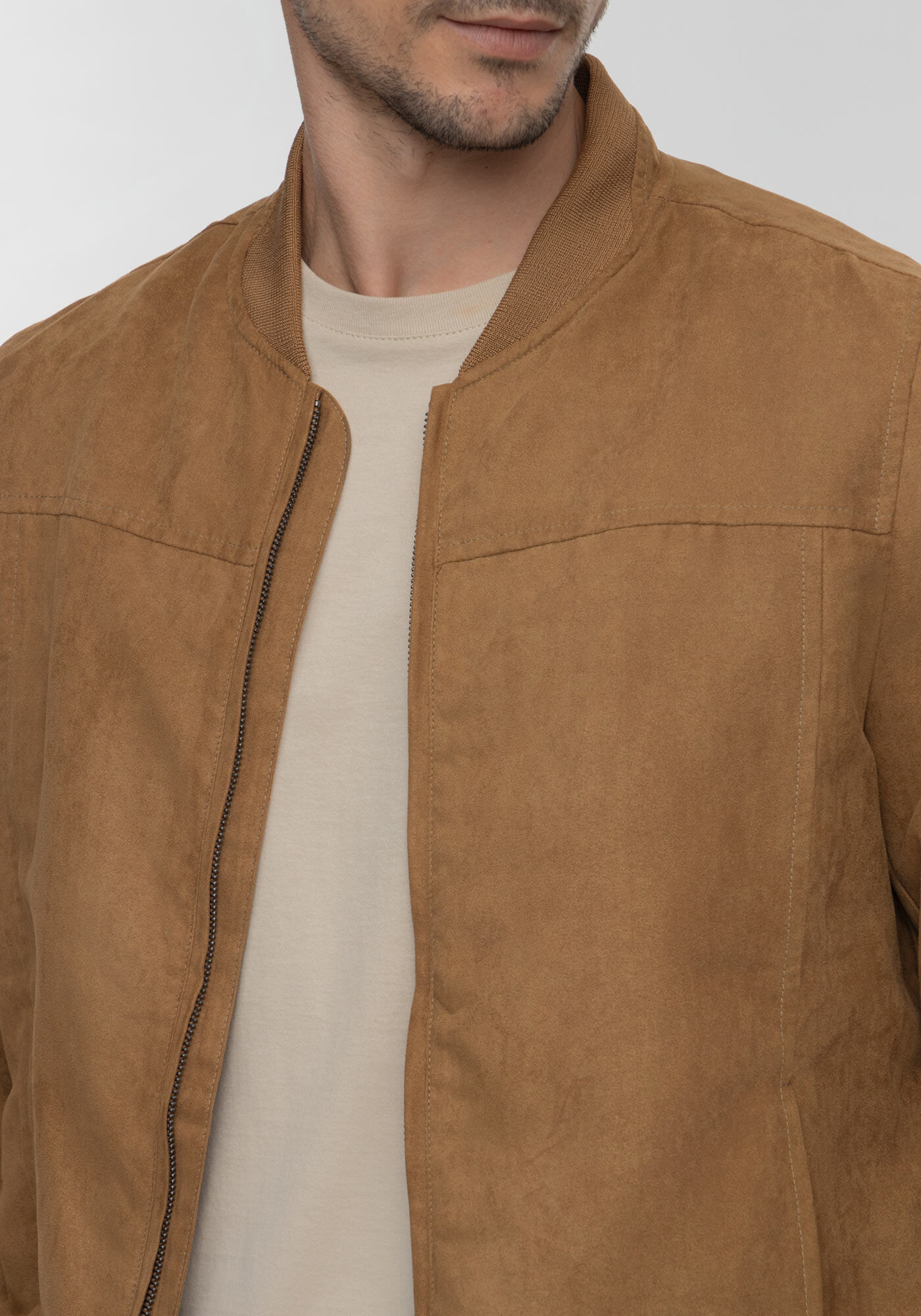 Jaqueta Bomber Masculina Com Punho E Z&iacute;per Em Suede, MARROM TILE, large.