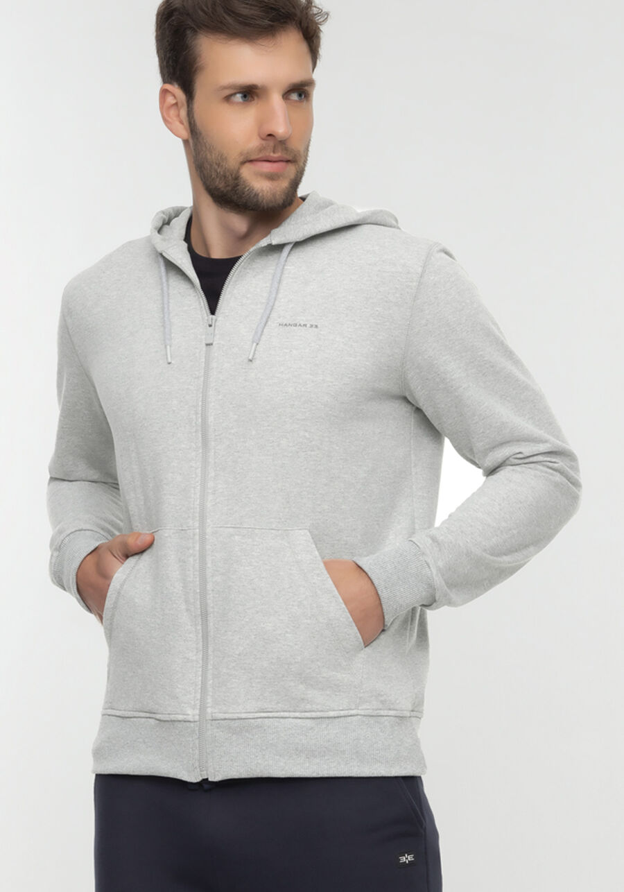 Jaqueta Com Capuz E Zíper Em Moletom Sem Felpa, MESCLA MEDIO. Jaqueta Com Capuz E Zíper Em Moletom Sem Felpa, MESCLA MEDIO, large.