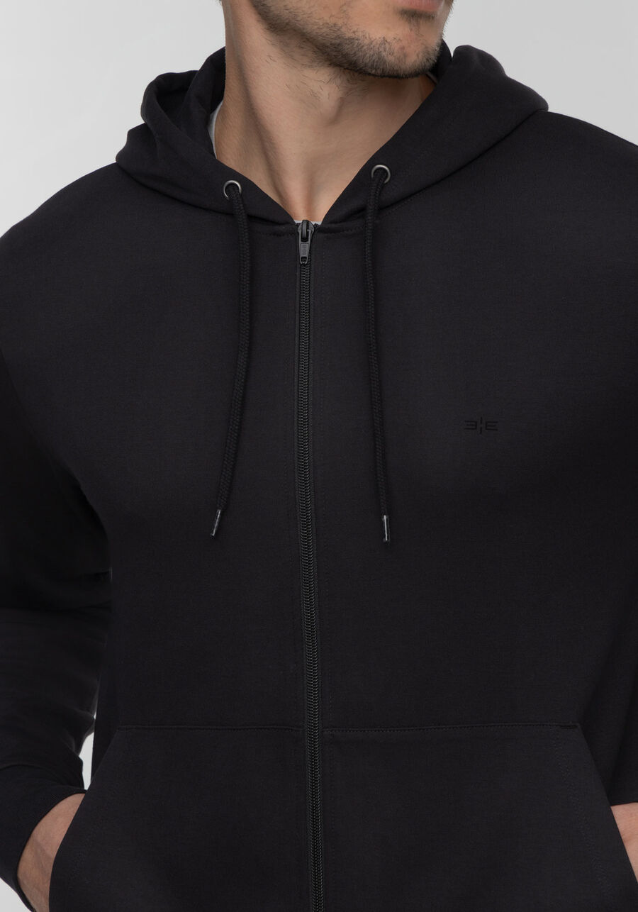 Jaqueta Com Zíper E Capuz Regulável Em Malha Premium, PRETO REATIVO. Jaqueta Com Zíper E Capuz Regulável Em Malha Premium, PRETO REATIVO, large.