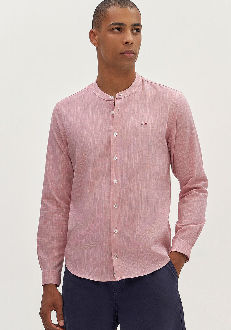 Camisa Masculina Com Gola Padre E Mangas Longas Slim Fit, BORDO WITCH, large.