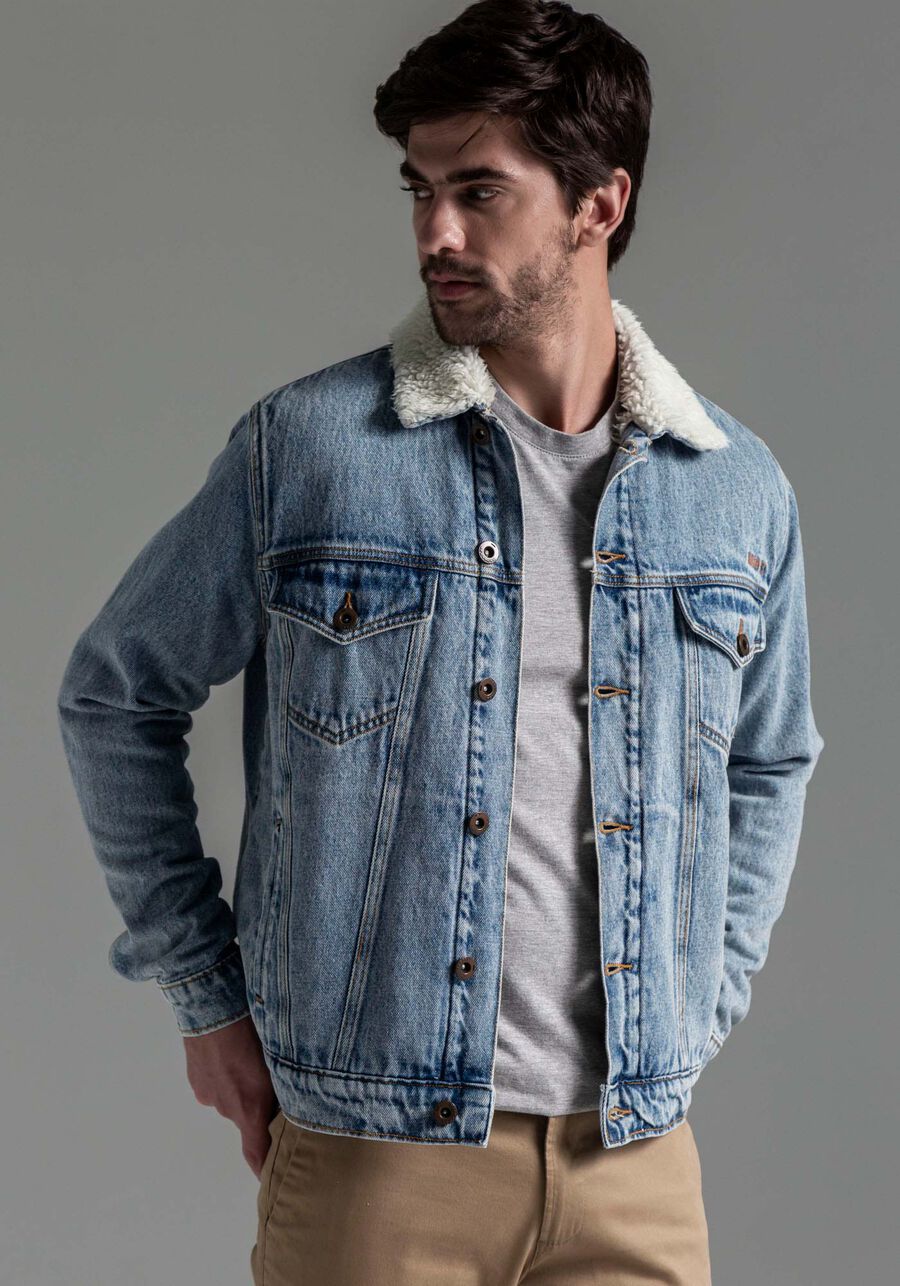 Jaqueta Jeans Masculina com Forro Pelo, JEANS. Jaqueta Jeans Masculina com Forro Pelo, JEANS, large.