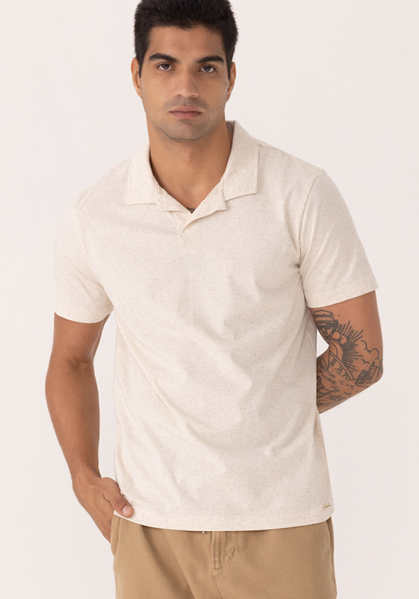 Camisa De Mangas Curtas Com Gola Polo Em Malha Com Linho, BRANCO OFF WHITE, large.