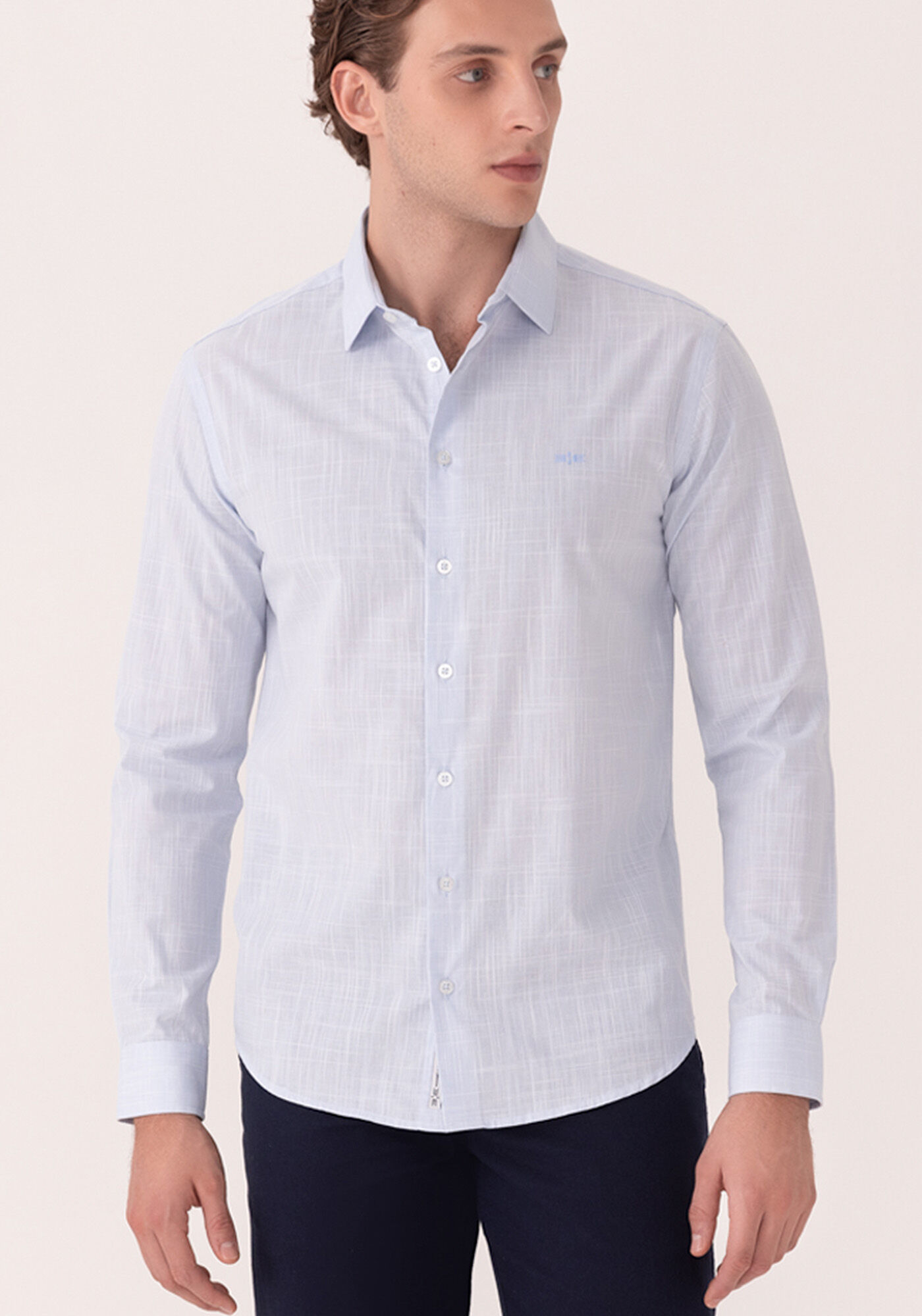 Camisa De Mangas Longas Em Algod&atilde;o Slim Fit, AZUL CLARO, large.
