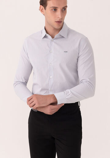 Camisa Slim Fit Em Tecido De Algodão Mercerizado, AZUL BRUMA. Camisa Slim Fit Em Tecido De Algodão Mercerizado, AZUL BRUMA, large.