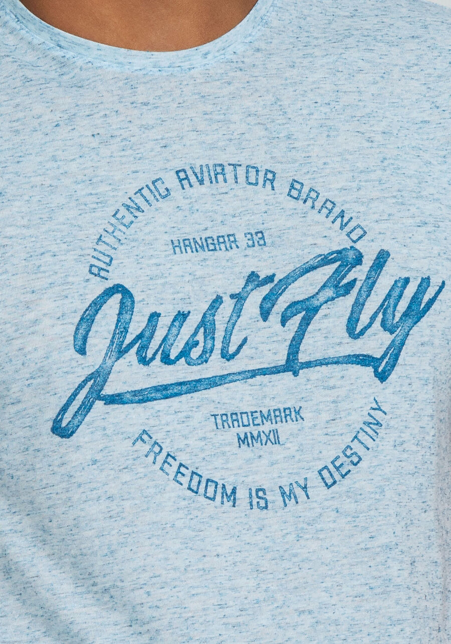 Camiseta Malha Linen Estampa Just Fly, AZUL BLUE MOON. Camiseta Malha Linen Estampa Just Fly, AZUL BLUE MOON, large.