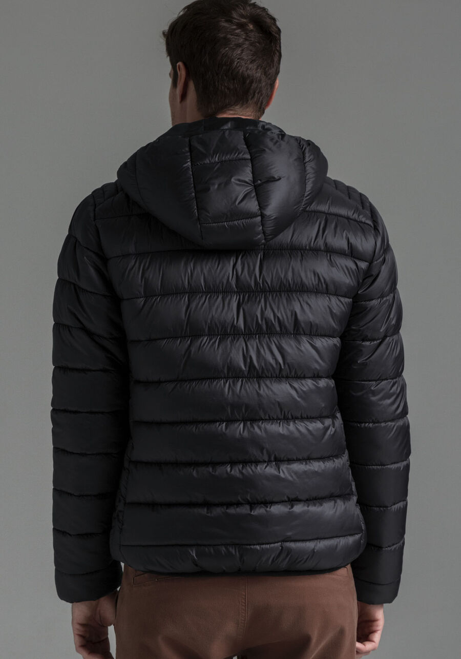 Jaqueta Puffer Em Nylon Com Zíper E Capuz Removível, PRETO REATIVO. Jaqueta Puffer Em Nylon Com Zíper E Capuz Removível, PRETO REATIVO, large.