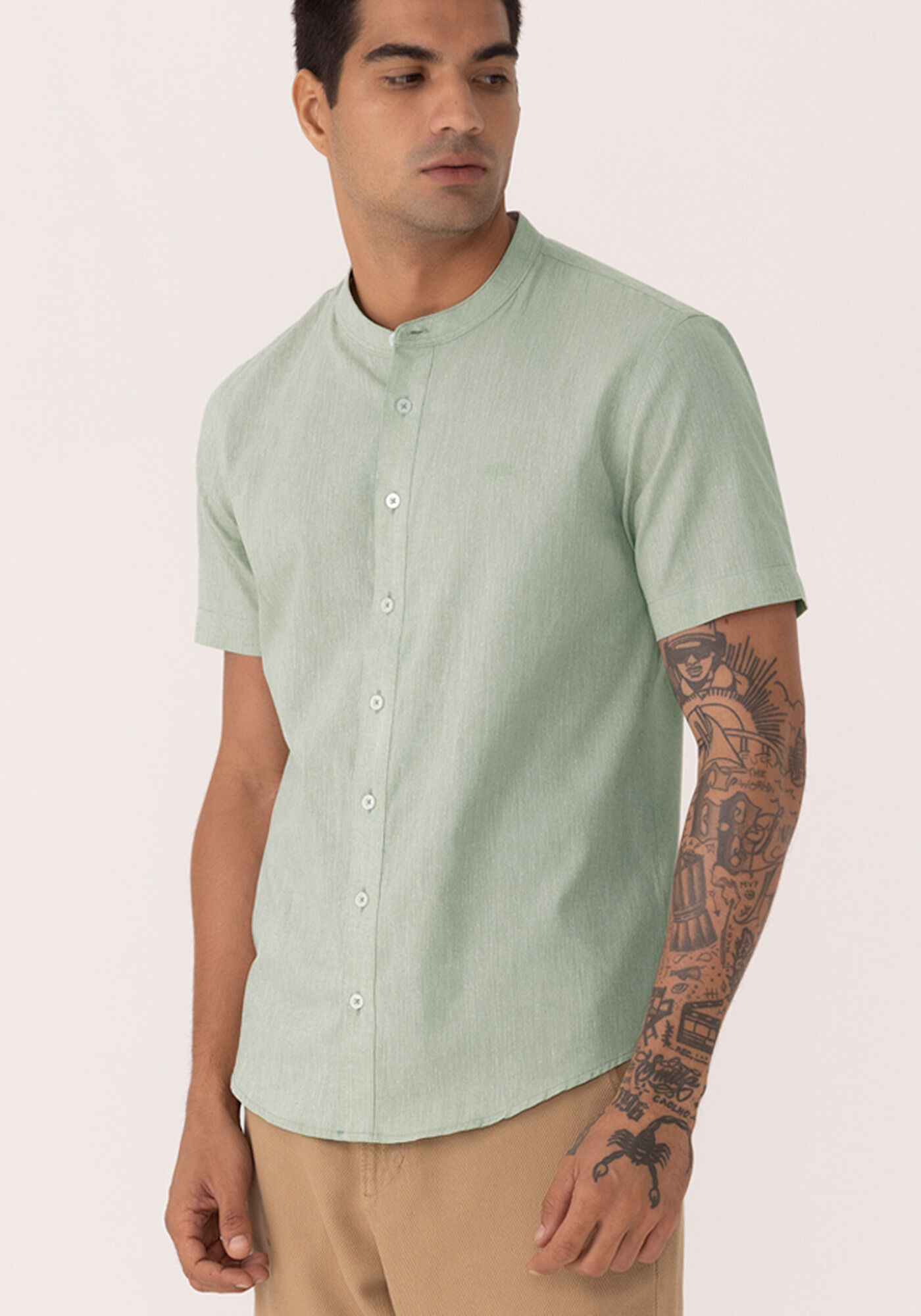 Camisa De Mangas Curtas Com Gola Padre E Linho, VERDE WING, large.