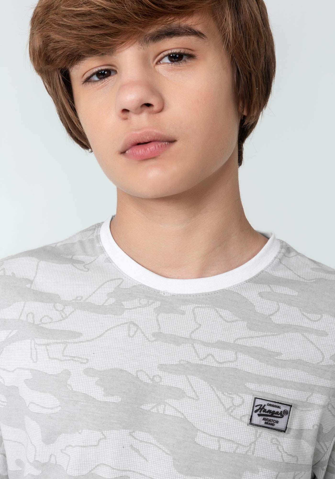 Camiseta Manga Longa em Malha Estampada Juvenil, GRID CINZA, large.