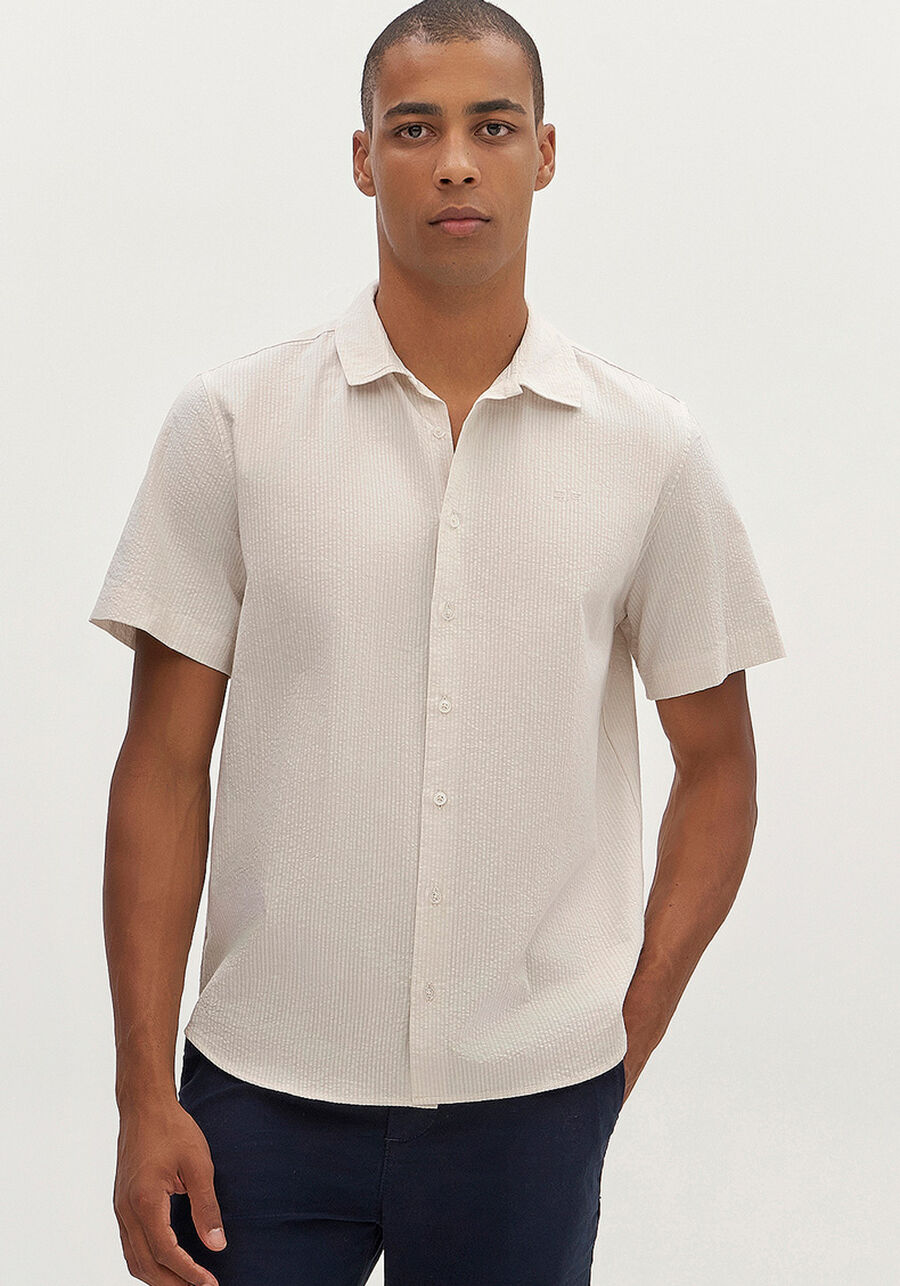 Camisa Masculina Slim Fit com Manga Curta, BEGE SYSTEM. Camisa Masculina Slim Fit com Manga Curta, BEGE SYSTEM, large.