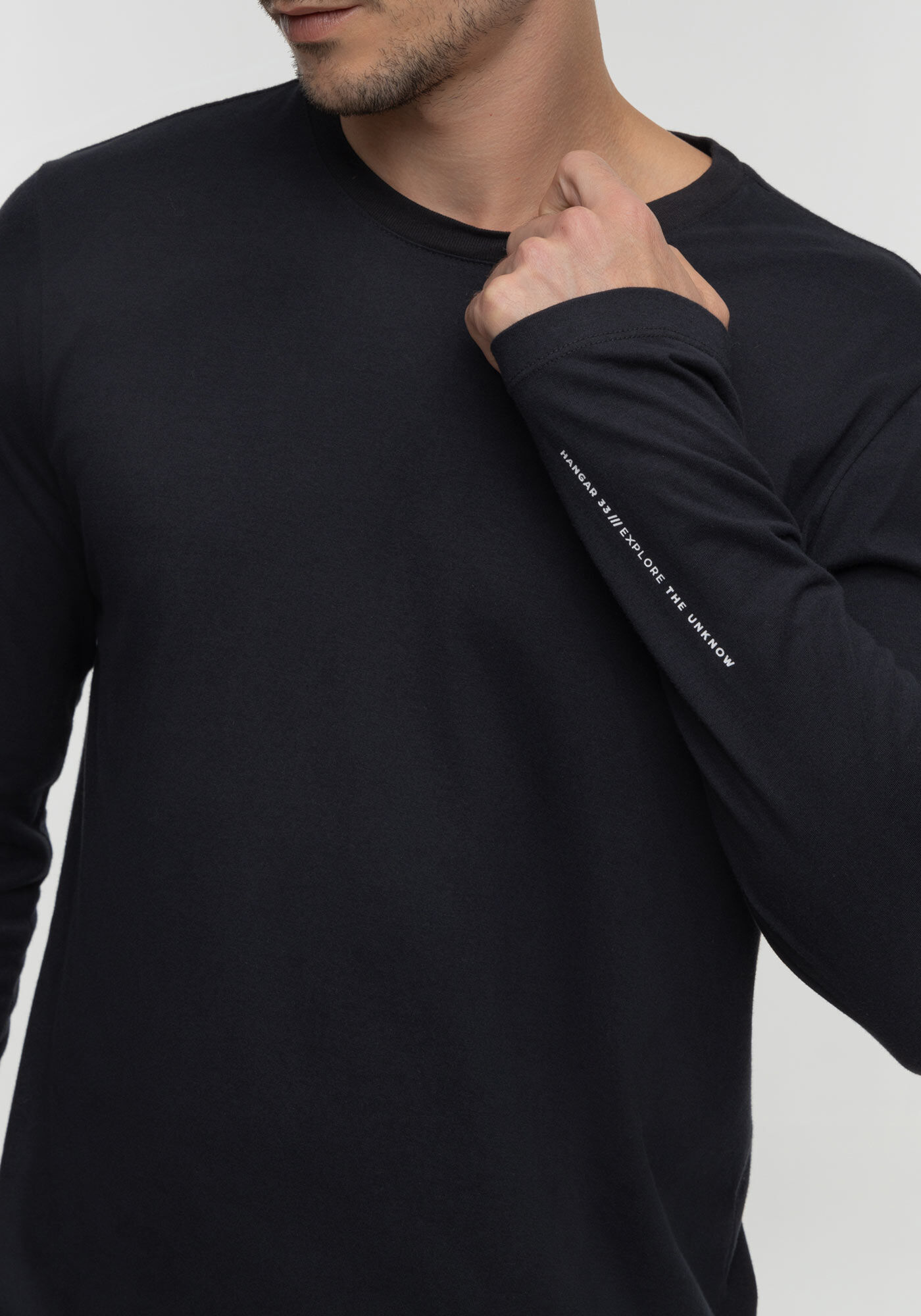 Camiseta De Mangas Longas Com Gola Redonda E Estampas, PRETO, large.