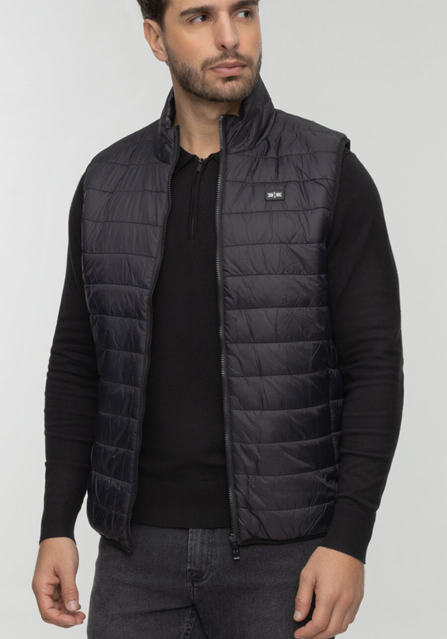 Colete Puffer Dupla Face Com Zíper E Gola Alta, PRETO REATIVO. Colete Puffer Dupla Face Com Zíper E Gola Alta, PRETO REATIVO, large.