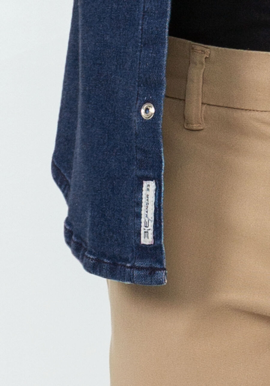 Camisa Jeans Manga Longa Slim Lavagem Escura, JEANS. Camisa Jeans Manga Longa Slim Lavagem Escura, JEANS, large.