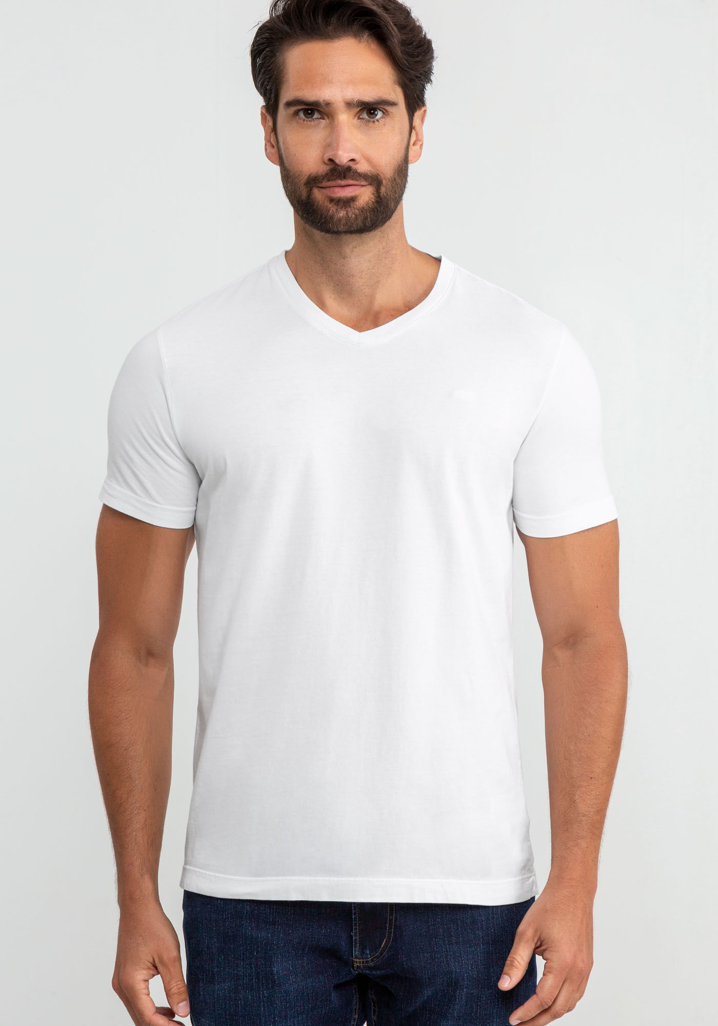 Camiseta Masculina em Malha com Decote V, BRANCO, large.