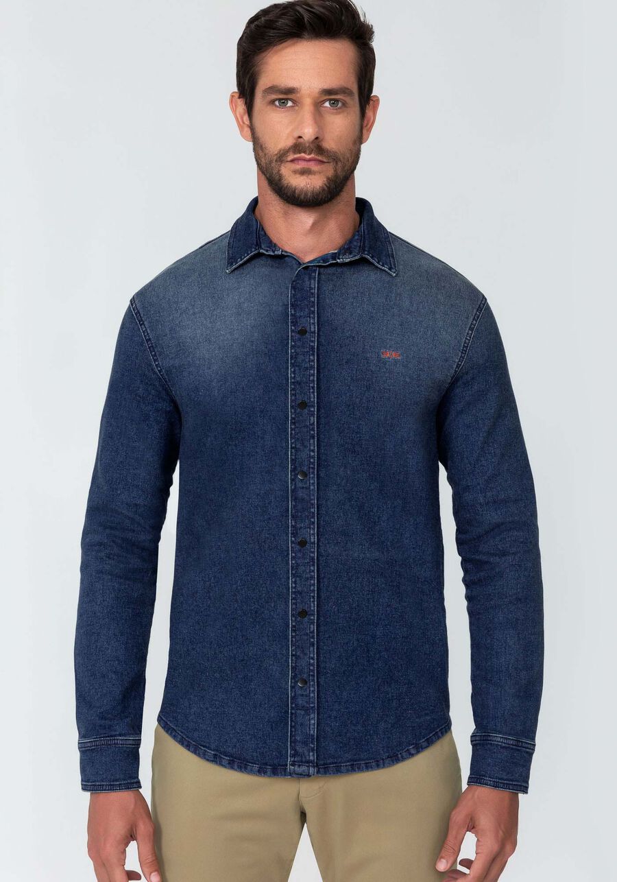 Camisa Jeans Manga Longa Slim Lavagem Escura, JEANS. Camisa Jeans Manga Longa Slim Lavagem Escura, JEANS, large.