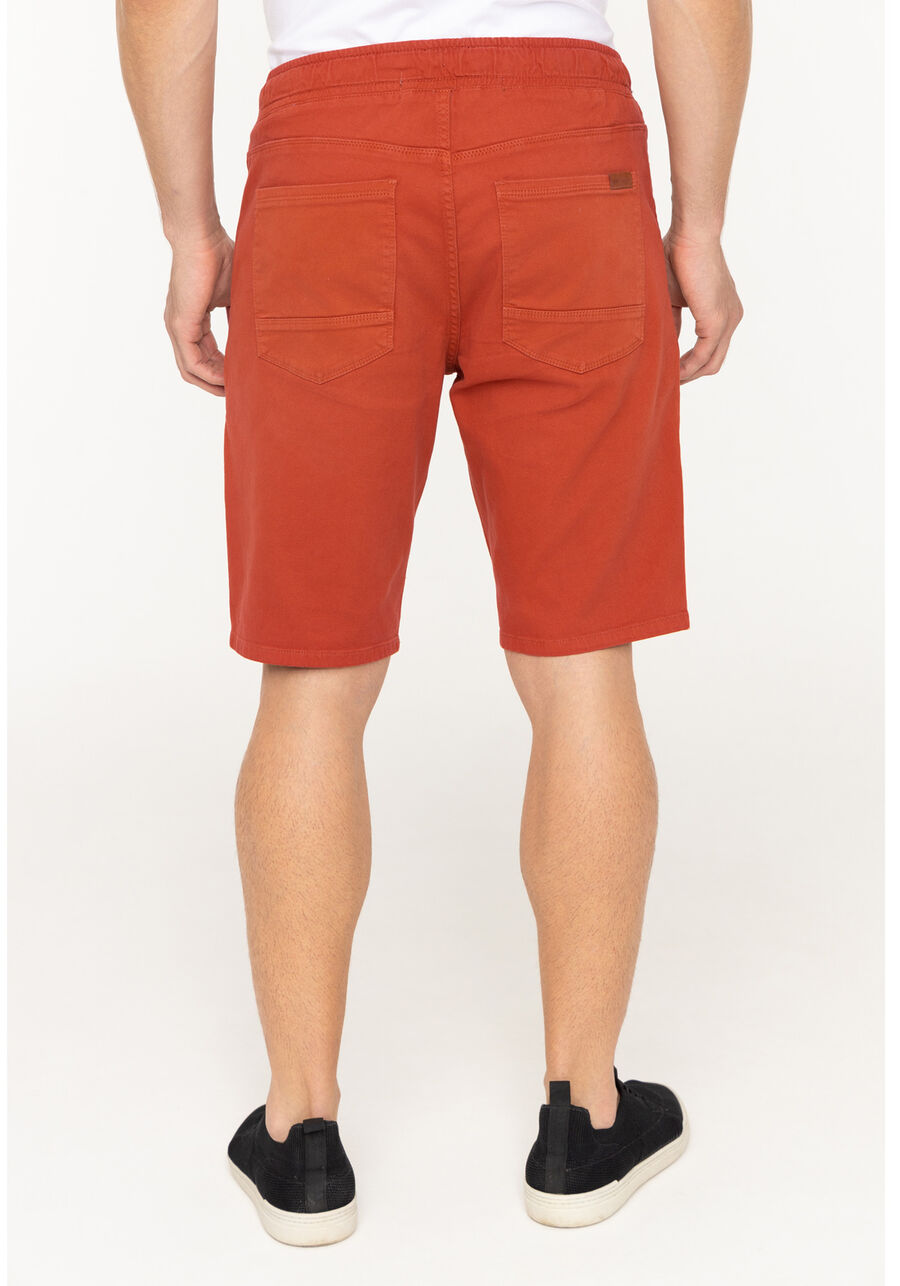 Bermuda Jogging Com Bolsos Em Sarja Denim Malha, LARANJA FERRUGEM. Bermuda Jogging Com Bolsos Em Sarja Denim Malha, LARANJA FERRUGEM, large.