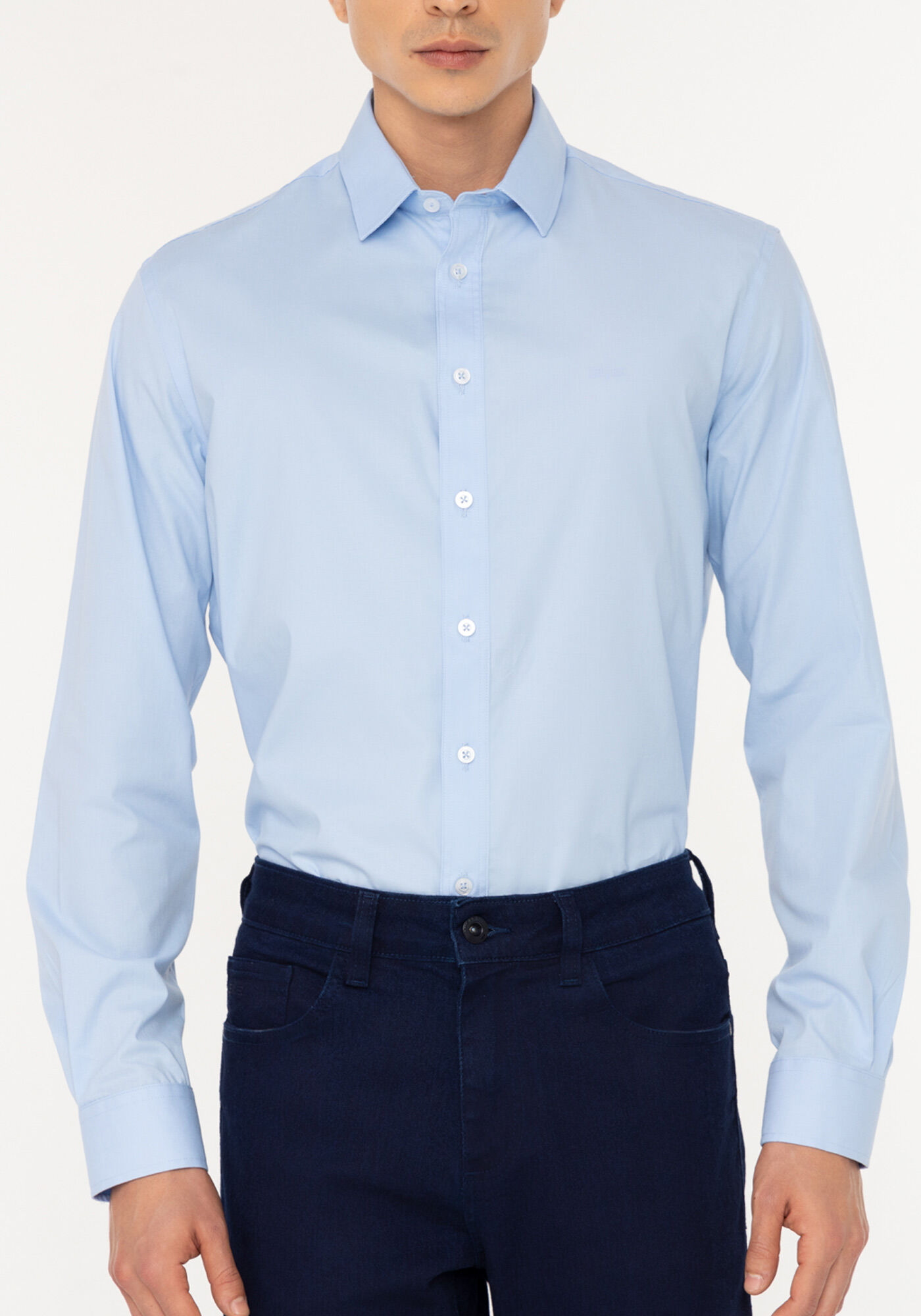 Camisa De Mangas Longas Com Elastano Slim Fit, AZUL, large.