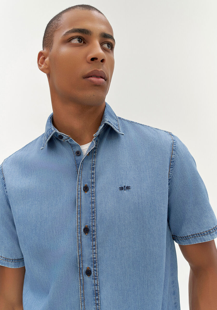 Camisa Jeans Masculina com Manga Curta, JEANS. Camisa Jeans Masculina com Manga Curta, JEANS, large.