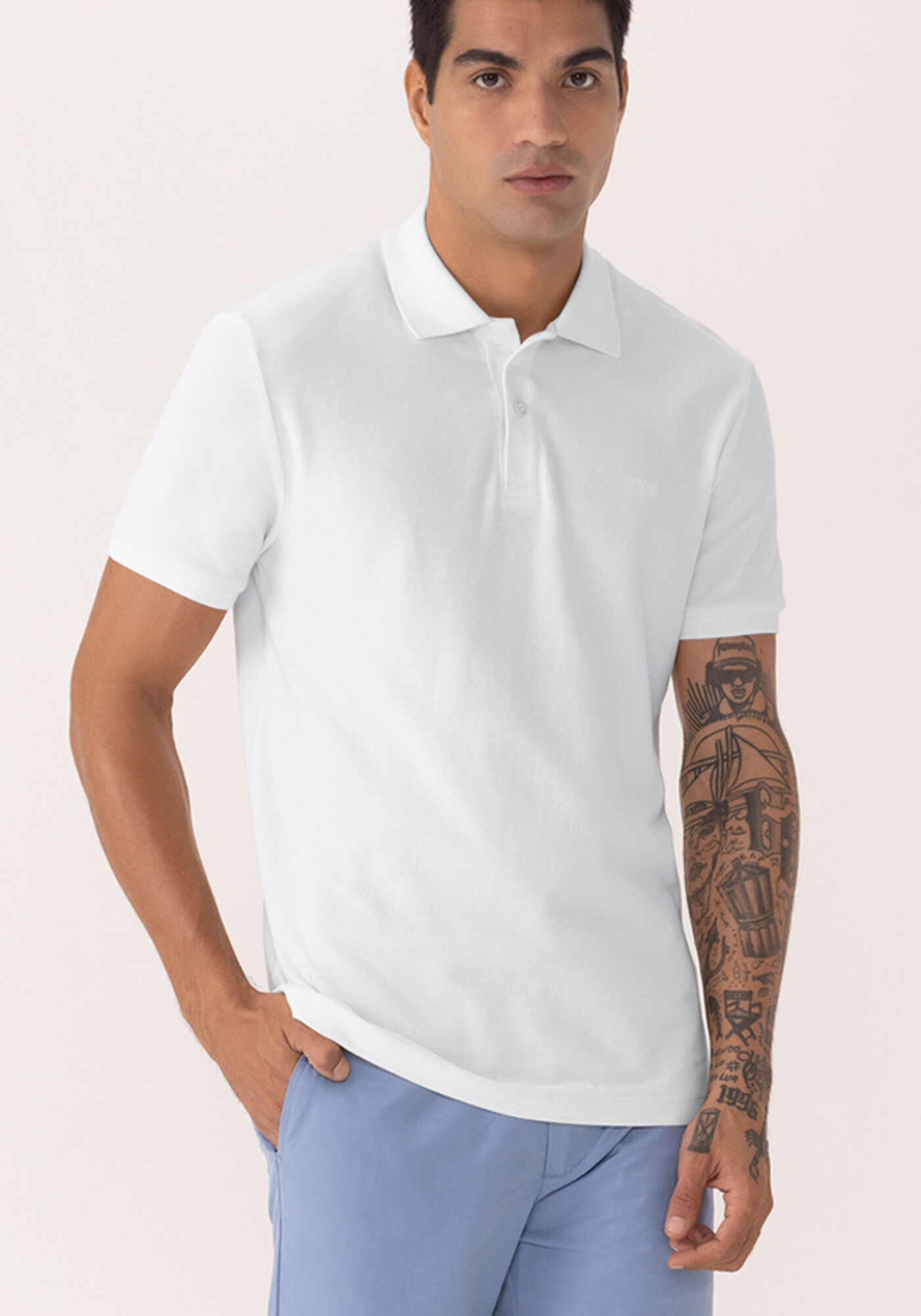 Camisa Polo De Mangas Curtas Colors Em Malha Mercerizada, BRANCO, large.