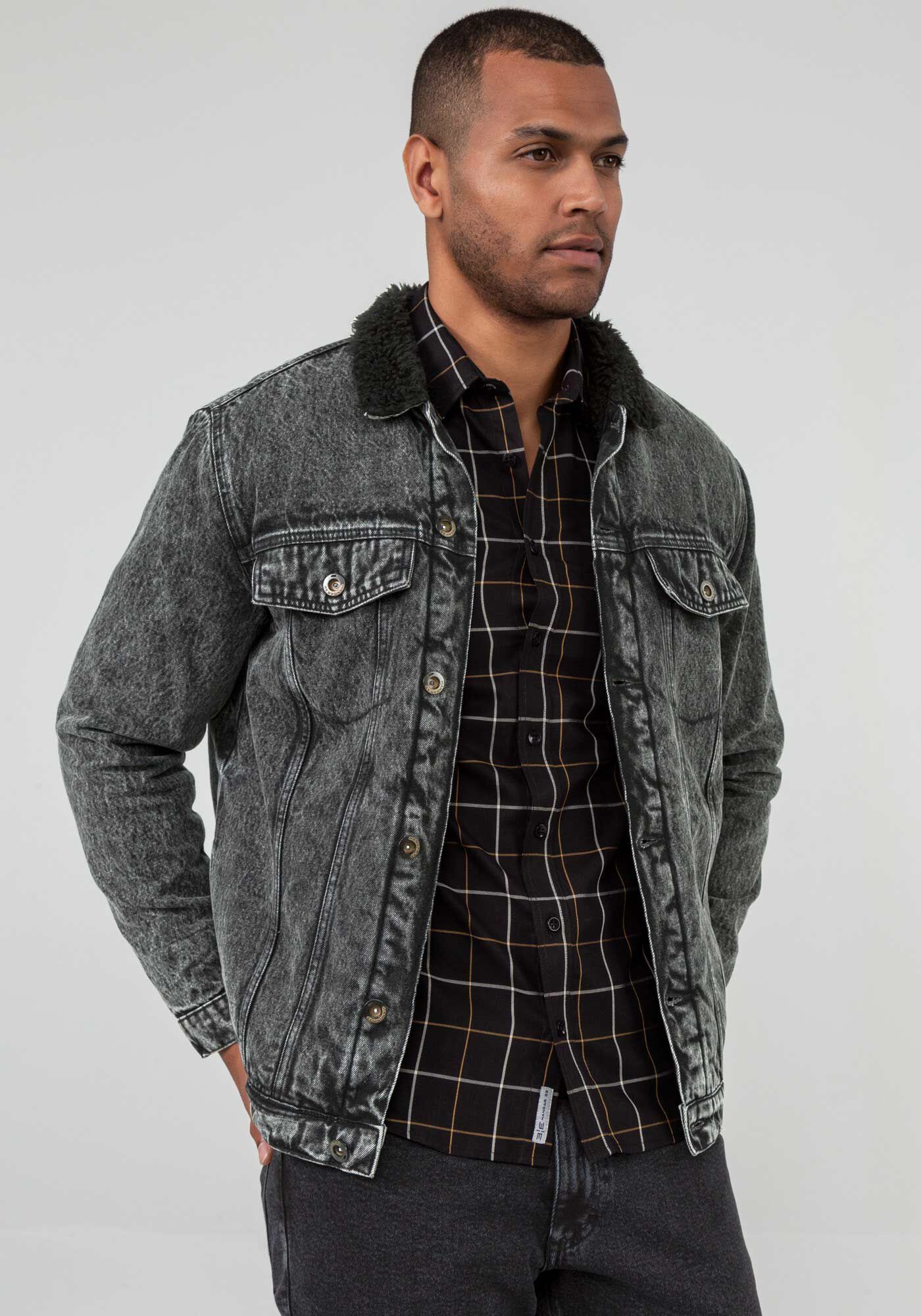 Jaqueta jeans masculina forrada top com flanela