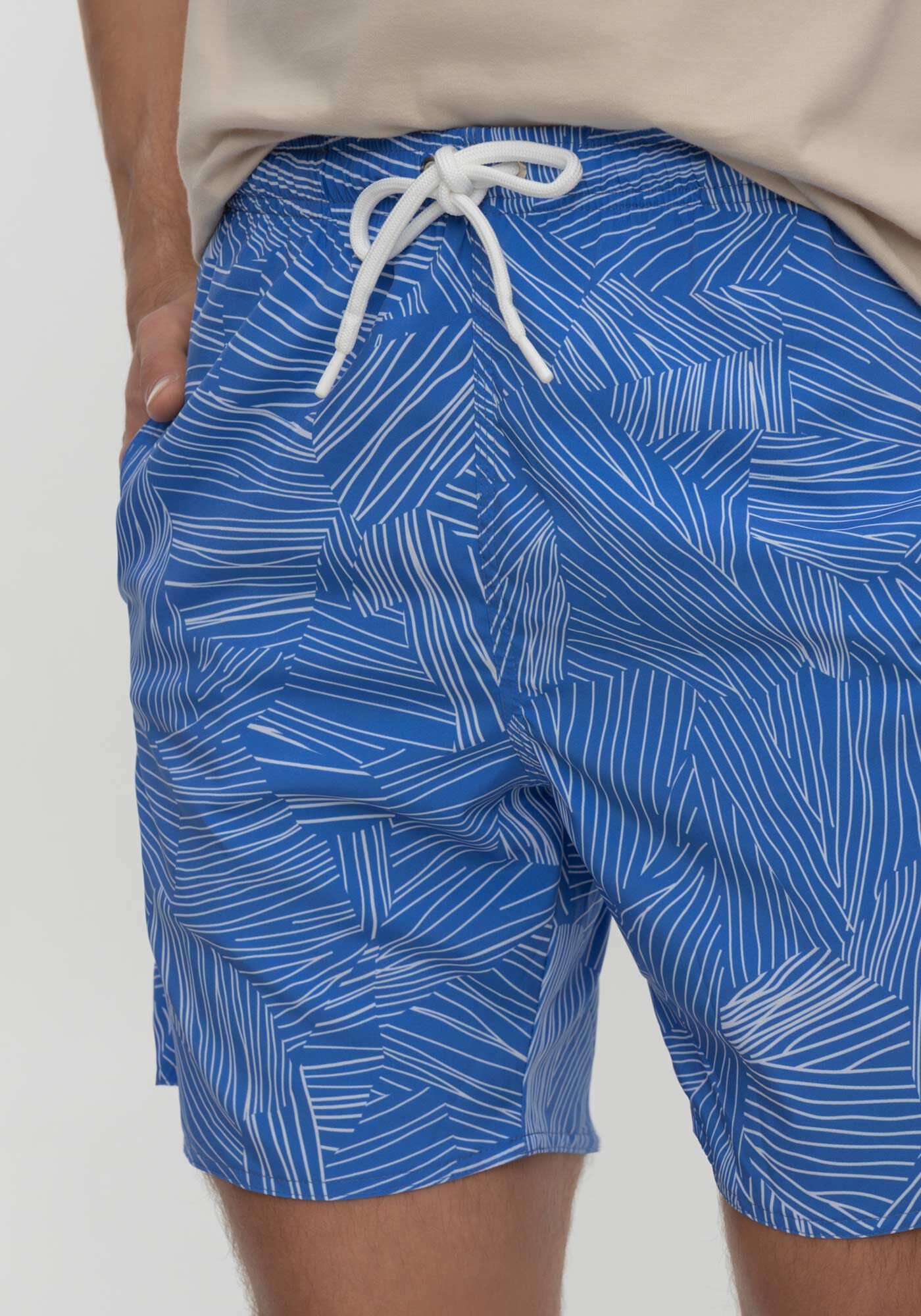 Shorts Estampado Com Bolso E Cadar&ccedil;o Em Tecido Plano, AZUL EGIPCIO, large.