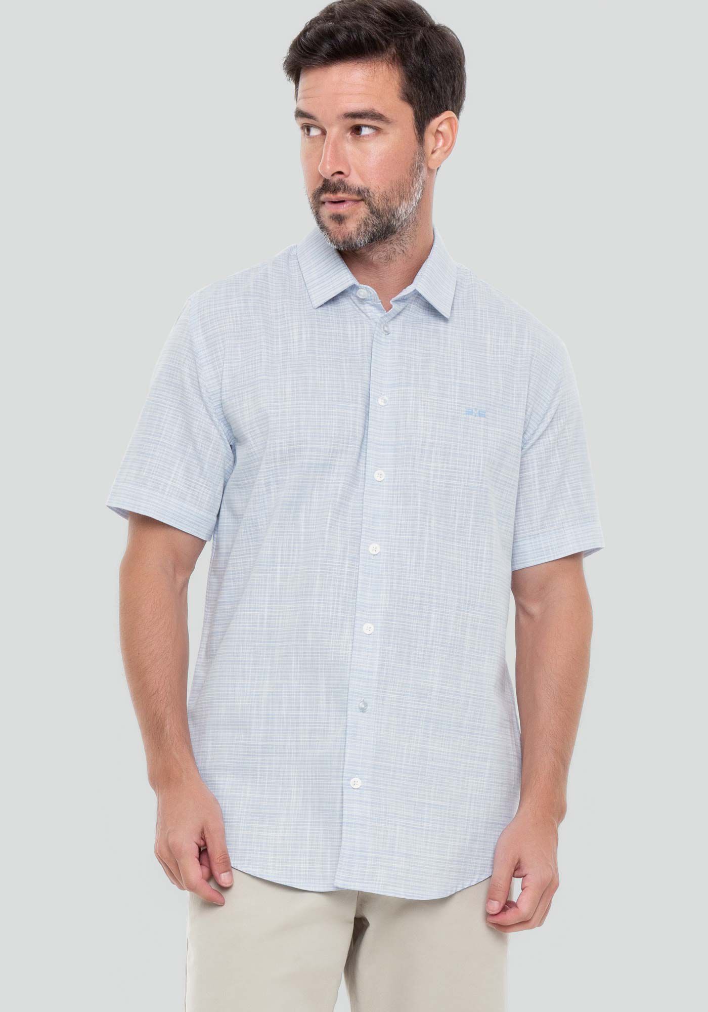 Camisa Manga Curta Masculina Slim Fit, AZUL, large.