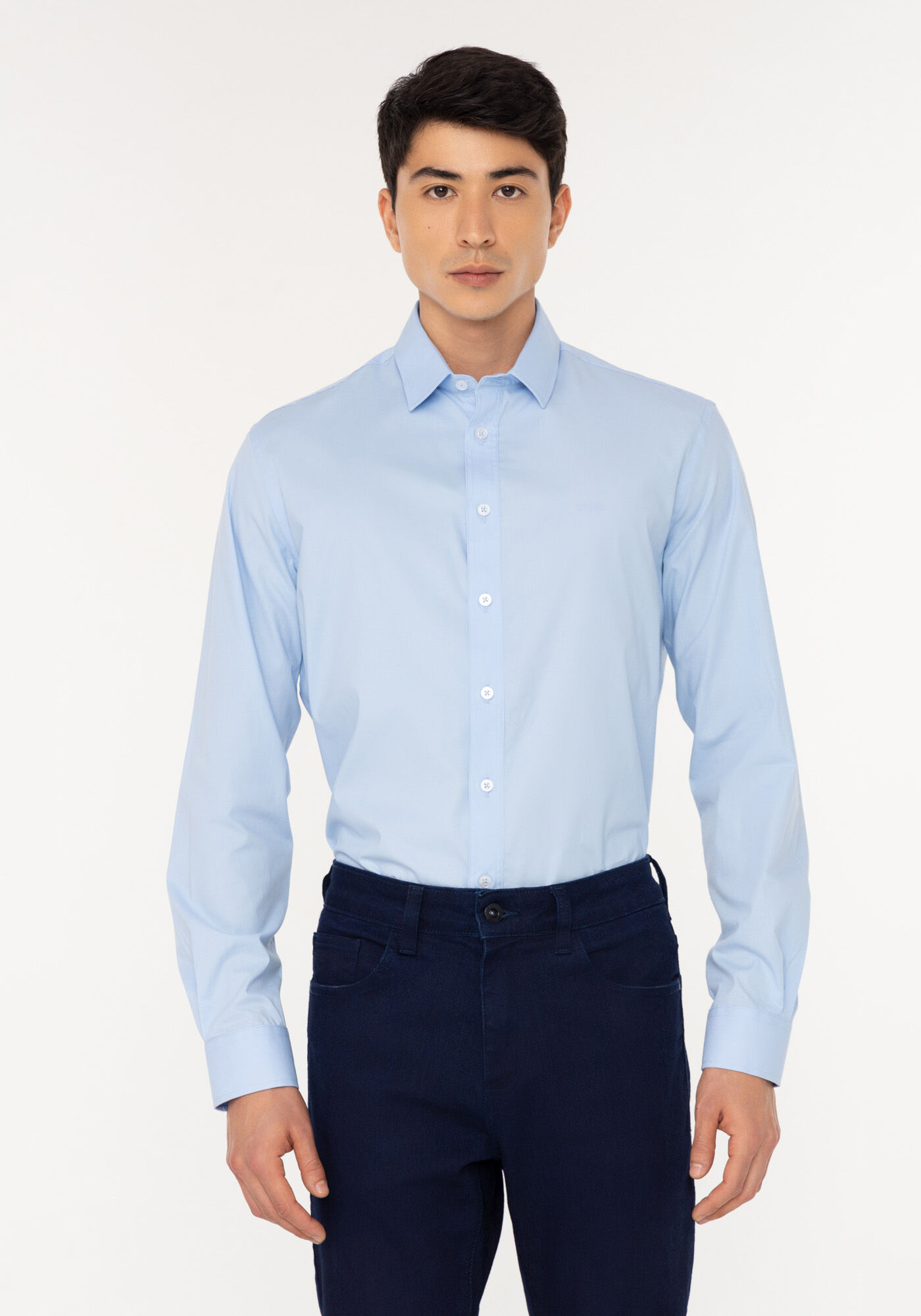 Camisa De Mangas Longas Com Elastano Slim Fit, AZUL, large.