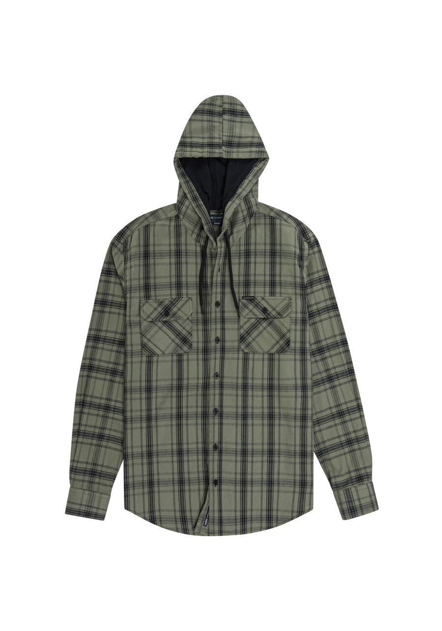 Camisa Masculina em Flanela Xadrez com Capuz, VERDE REIGN. Camisa Masculina em Flanela Xadrez com Capuz, VERDE REIGN, large.
