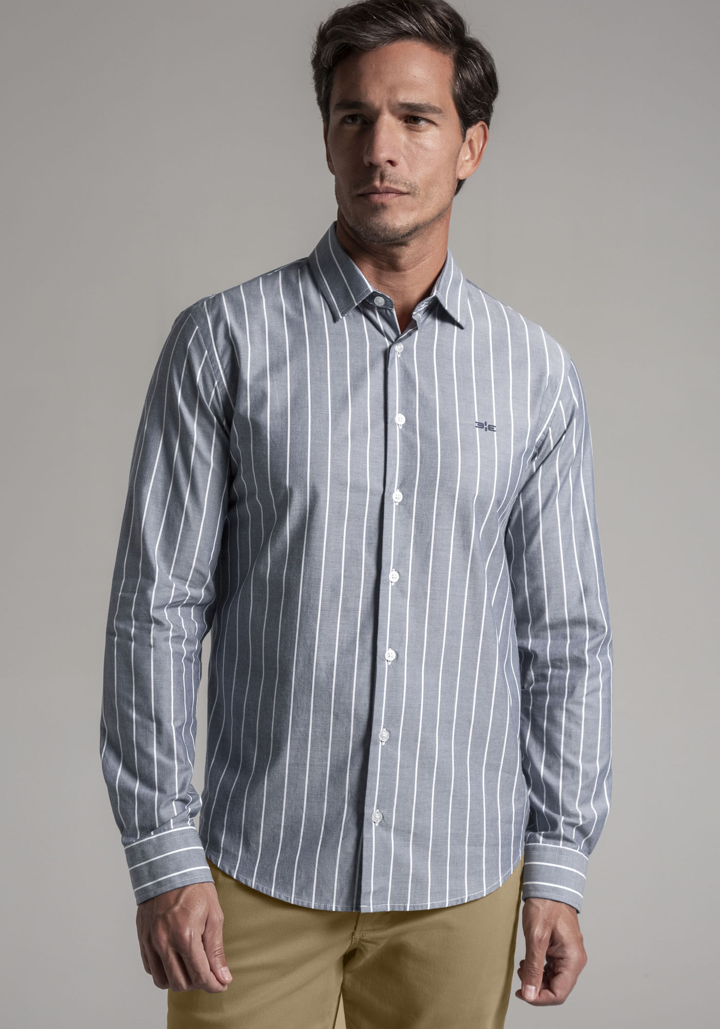Camisa Masculina Slim Fit em Tricoline Listrada, MARINHO/BRANCO, large.