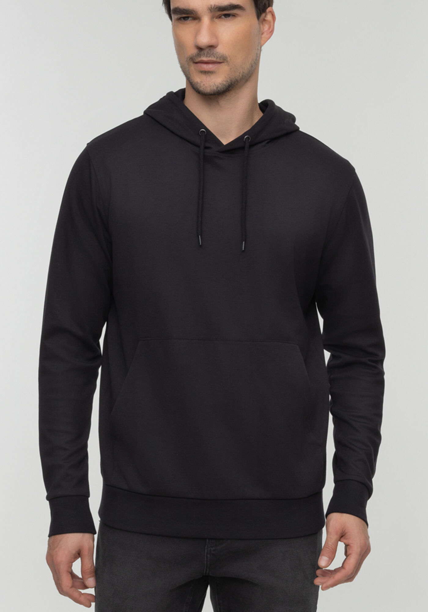 Blus&atilde;o Em Malha Premium Com Bolsos E Capuz Regul&aacute;vel, PRETO REATIVO, large.