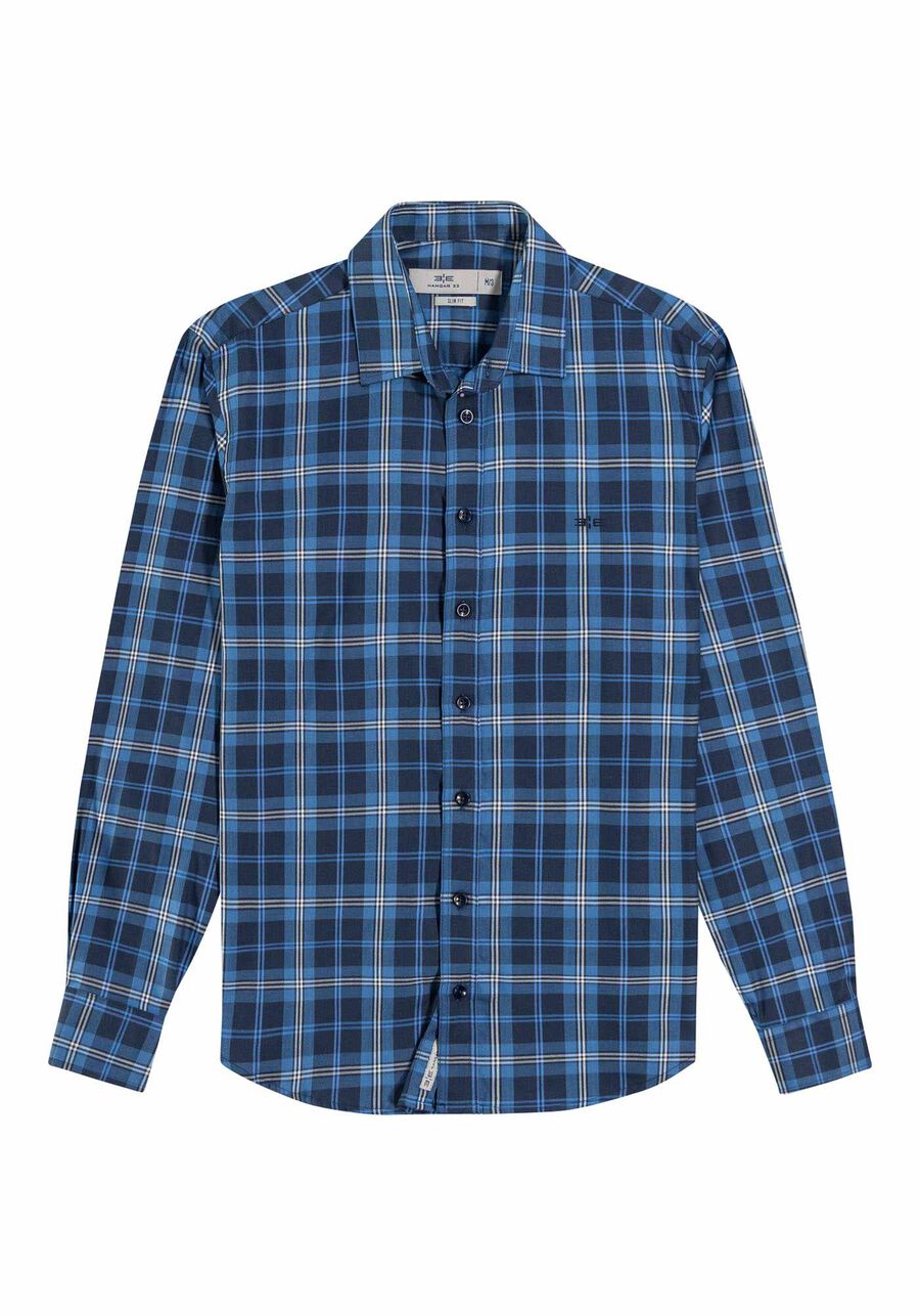 Camisa Masculina Slim Fit em Tecido Sarja Xadrez, MARINHO ACTION. Camisa Masculina Slim Fit em Tecido Sarja Xadrez, MARINHO ACTION, large.