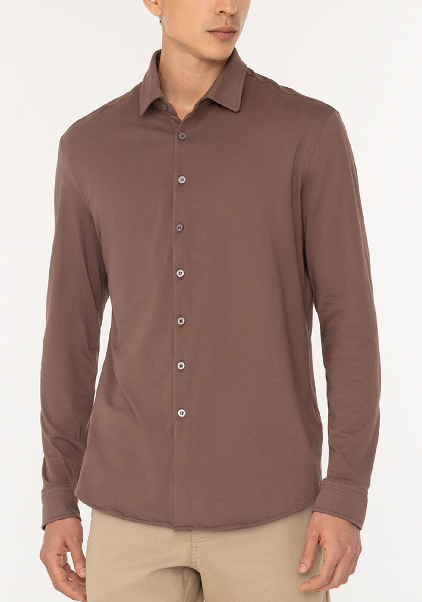 Camisa Slim Fit De Mangas Longas Em Malha De Algod&atilde;o Pima, MARROM MEDITERRANEO, large.