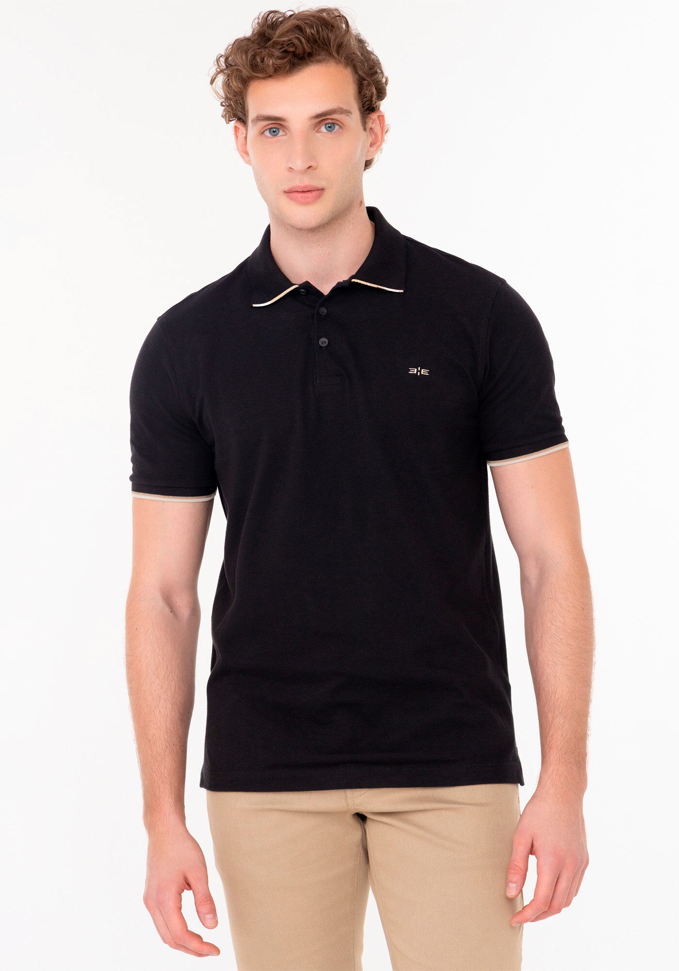 Camisa Polo De Mangas Curtas Em Malha Piquet Mercerizada, PRETO, large.