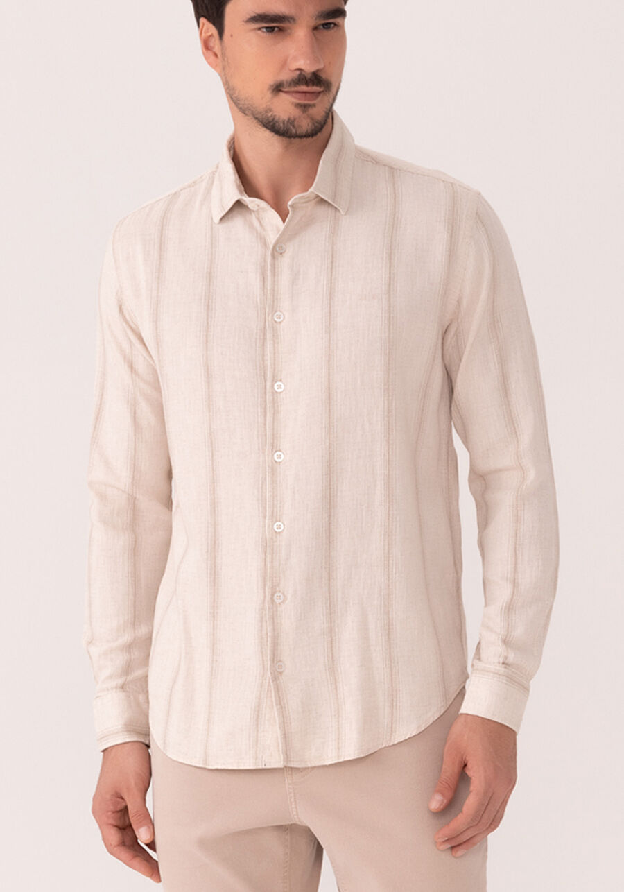 Camisa De Mangas Longas Em Tecido Com Linho, VERTICAL OCRE. Camisa De Mangas Longas Em Tecido Com Linho, VERTICAL OCRE, large.