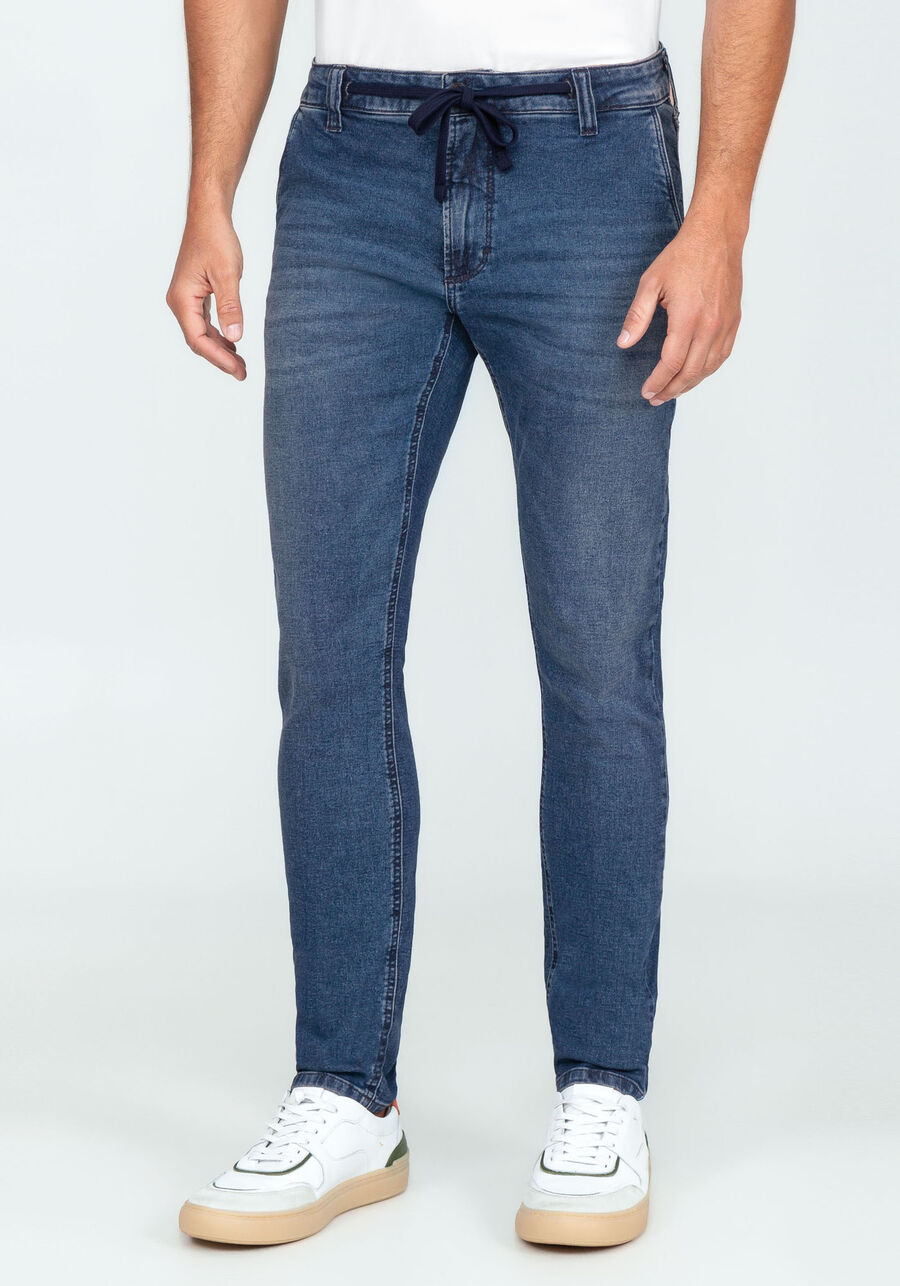 Calça Jeans Skinny Lavagem Escura com Cadarço, JEANS, large.