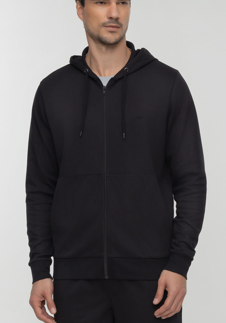 Jaqueta Com Zíper E Capuz Regulável Em Malha Premium, PRETO REATIVO. Jaqueta Com Zíper E Capuz Regulável Em Malha Premium, PRETO REATIVO, large.
