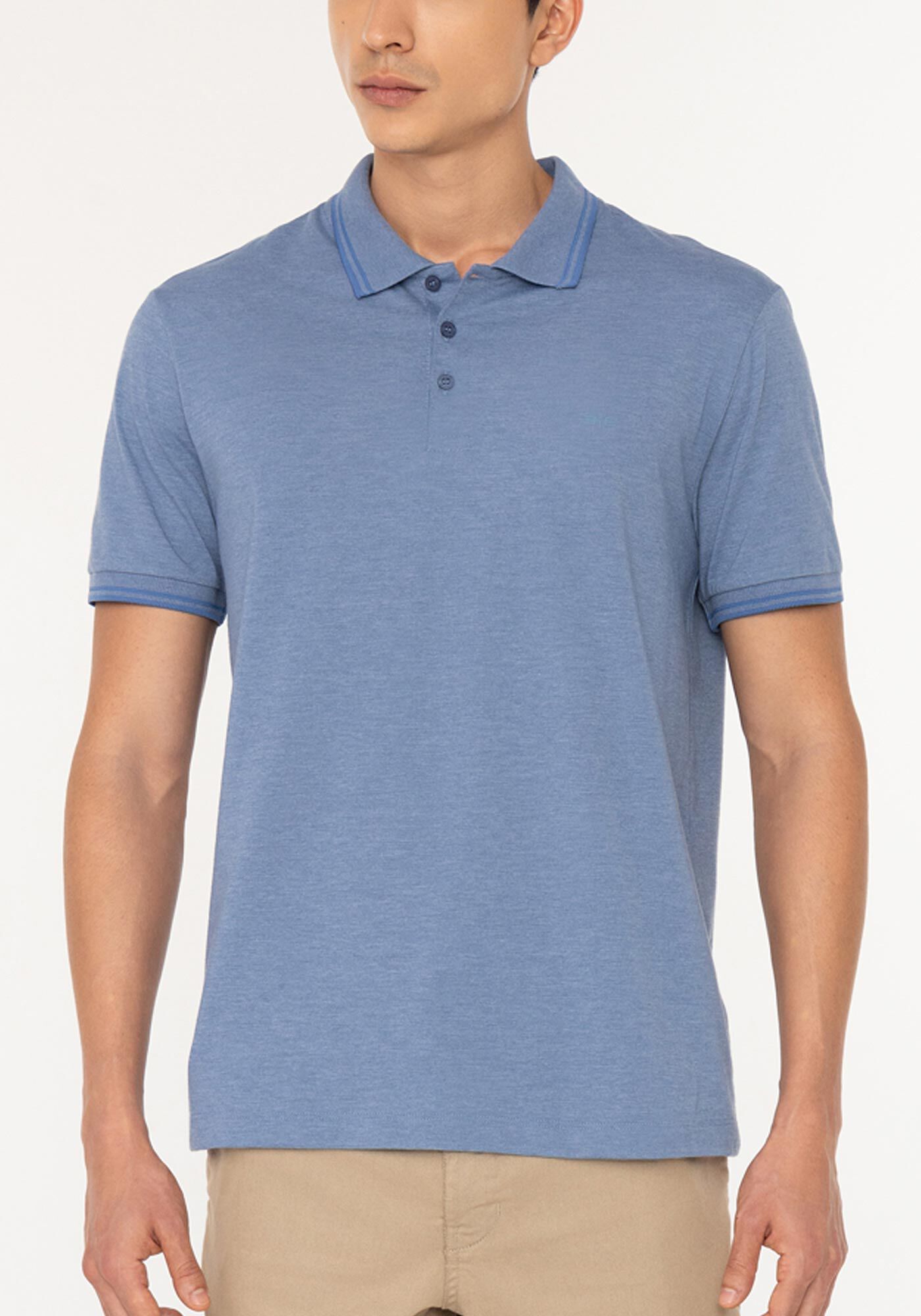 Camisa De Mangas Curtas Com Gola Polo Em Malha Mesclada, MARINHO CRISTAL, large.