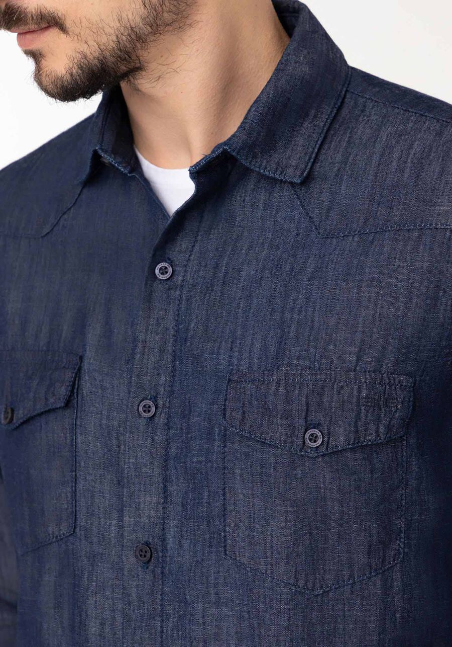 Camisa Masculina Jeans Amaciada Com Linho E Mangas Longas, JEANS. Camisa Masculina Jeans Amaciada Com Linho E Mangas Longas, JEANS, large.