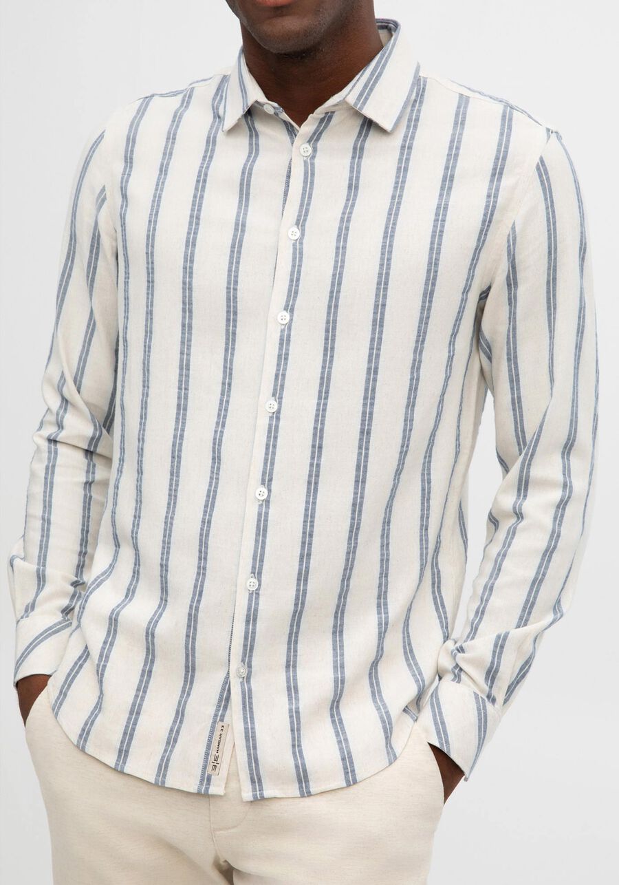 Camisa Masculina Slim Fit em Tecido Linen Listrada, BRANCO OFF WHITE. Camisa Masculina Slim Fit em Tecido Linen Listrada, BRANCO OFF WHITE, large.