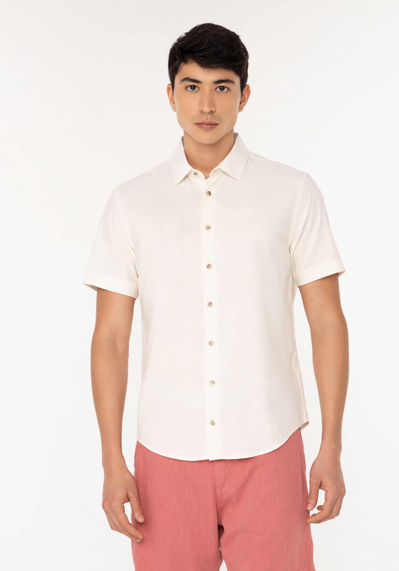 Camisa De Mangas Curtas Com Linho, BRANCO OFF WHITE, large.