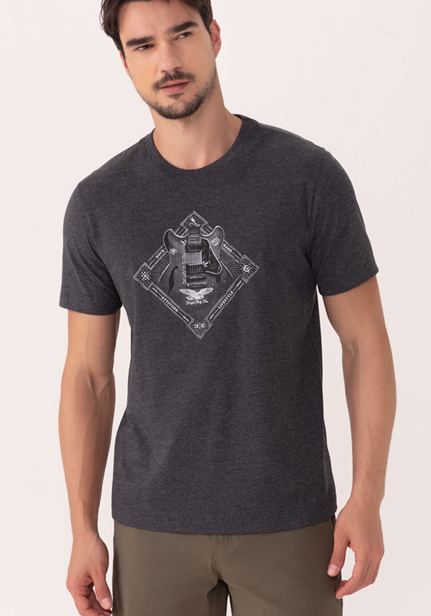 Camiseta Em Malha Mesclada Com Estampa Localizada, PRETO, large.