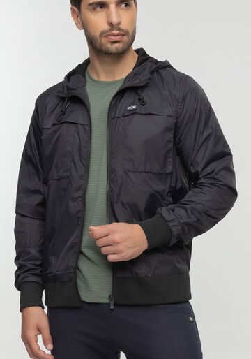 Jaqueta Com Zíper E Capuz Em Tecido Plano, PRETO REATIVO. Jaqueta Com Zíper E Capuz Em Tecido Plano, PRETO REATIVO, large.