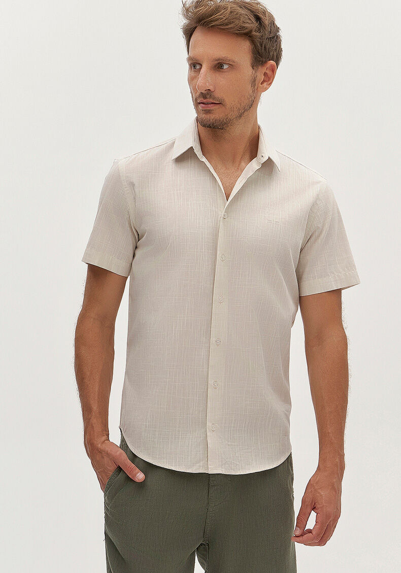 Camisa Manga Curta Masculina em Tecido Flam&ecirc;, BEGE, large.