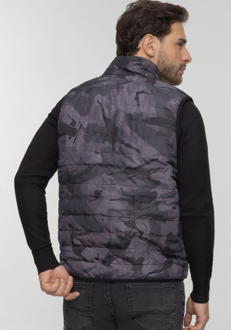 Colete Puffer Dupla Face Com Zíper E Gola Alta, PRETO REATIVO. Colete Puffer Dupla Face Com Zíper E Gola Alta, PRETO REATIVO, large.