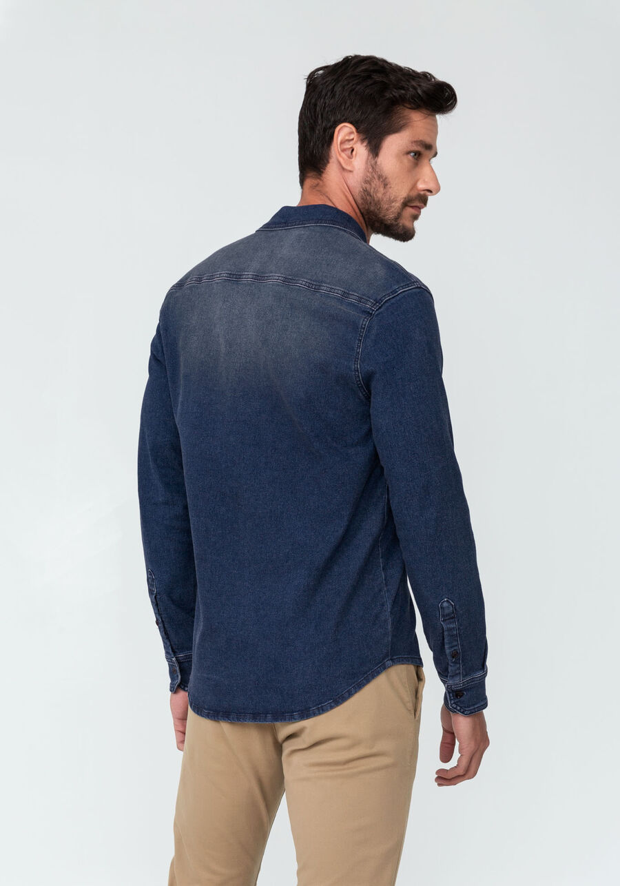 Camisa Jeans Manga Longa Slim Lavagem Escura, JEANS. Camisa Jeans Manga Longa Slim Lavagem Escura, JEANS, large.