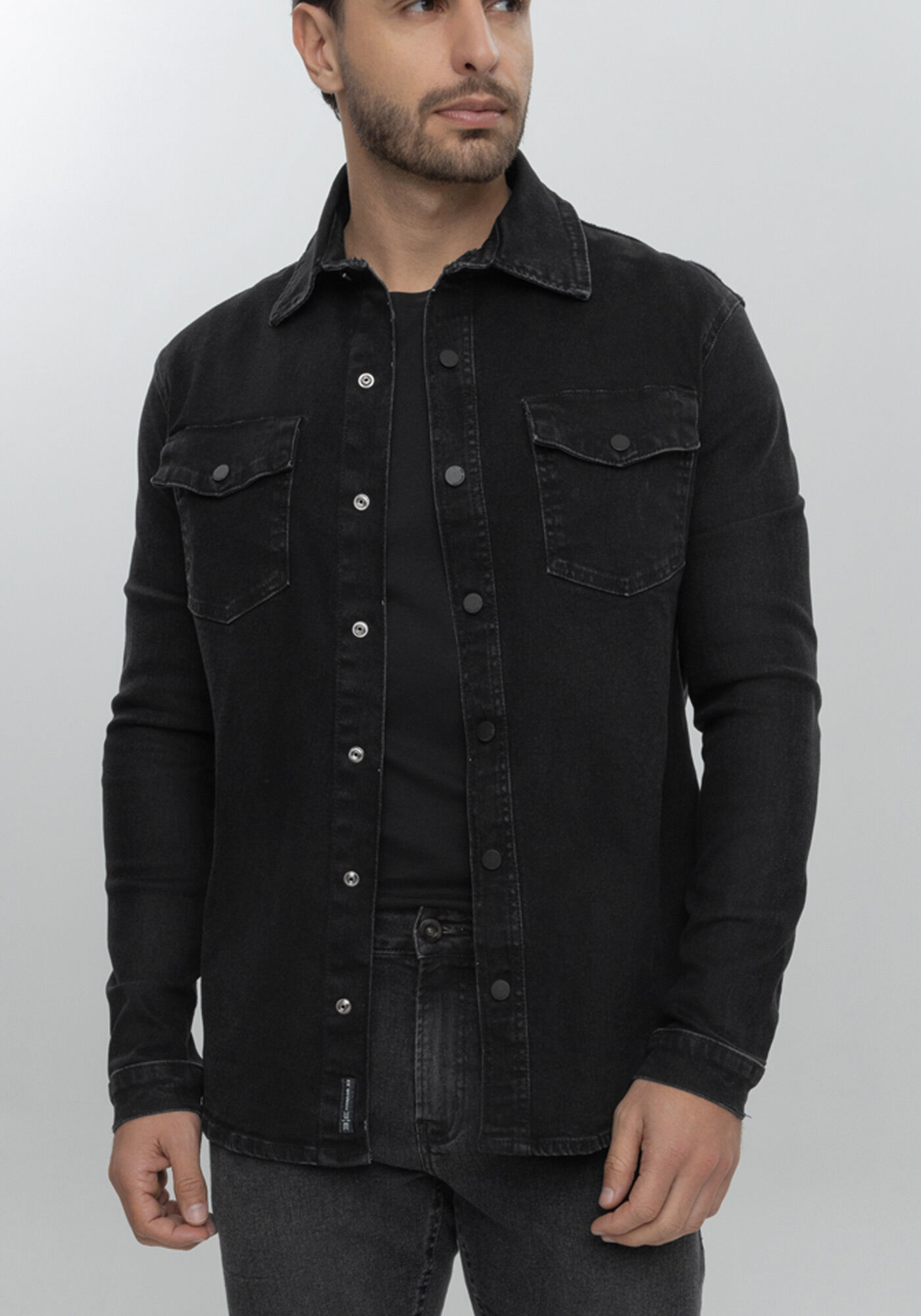 Camisa Jeans Com Elastano, PRETO, large.